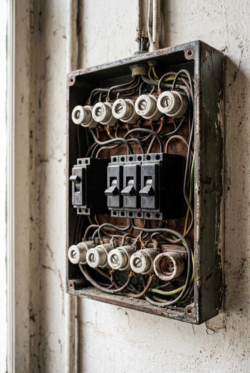 ancien-tableau-electrique-vetuste-q6jo Ancien tableau électrique vétuste nécessitant un dépannage électricité en urgence à Ixelles.