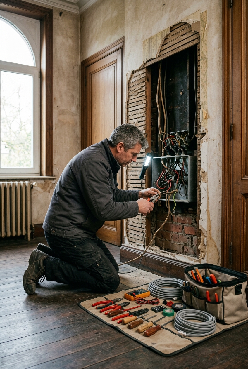 electricien-en-plein-depannage-electricite-zo0p Électricien en plein dépannage électricité en urgence à Jette sur un tableau