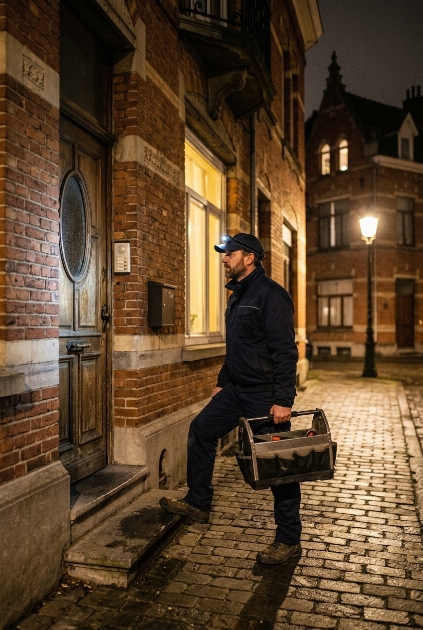 electricien-en-urgence-a-anderlecht-de-nuit-b4yj Électricien en urgence à Anderlecht de nuit avec boîte à outils devant immeuble