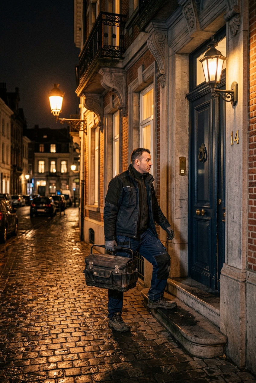 electricien-en-urgence-a-bruxelles-ville-de-pprk Électricien en urgence à Bruxelles-Ville de nuit avec valise à outils devant une porte