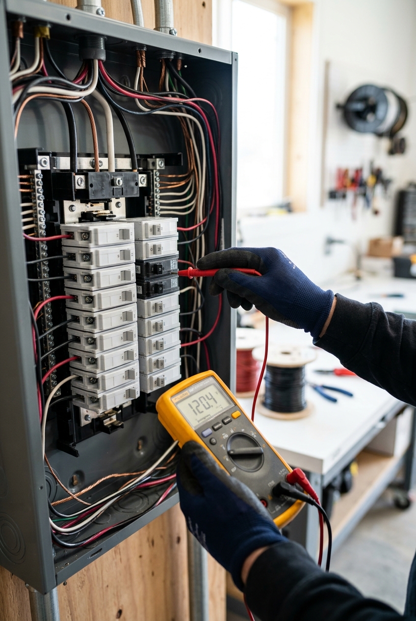 electricien-expert-testant-un-tableau-jue7 Électricien expert testant un tableau électrique avec multimètre à Ganshoren
