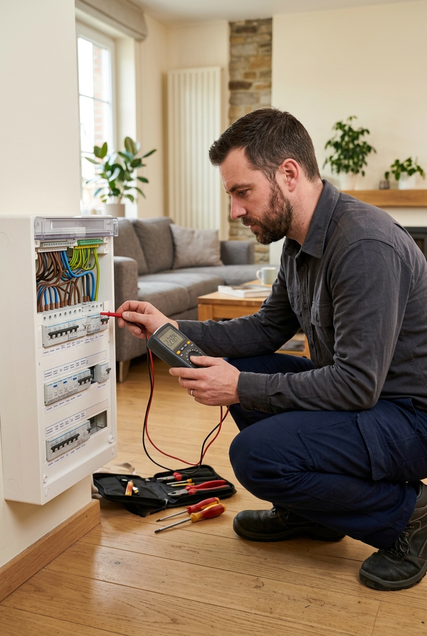 electricien-professionnel-testant-un-tableau-9q4i Électricien professionnel testant un tableau électrique avec un multimètre à Ganshoren