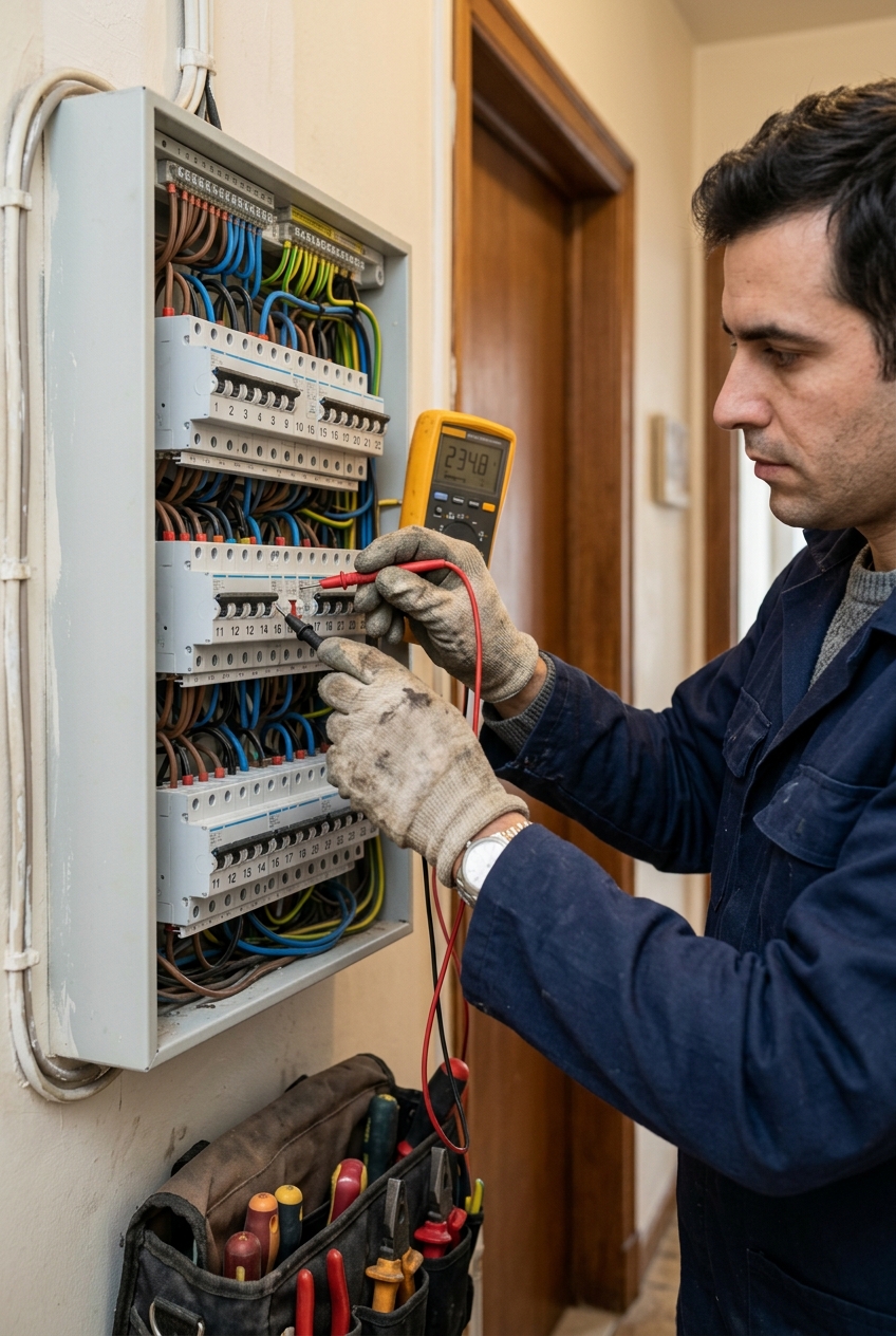 electricien-testant-un-tableau-electrique-7ly9 Électricien testant un tableau électrique lors d'un dépannage électricité en