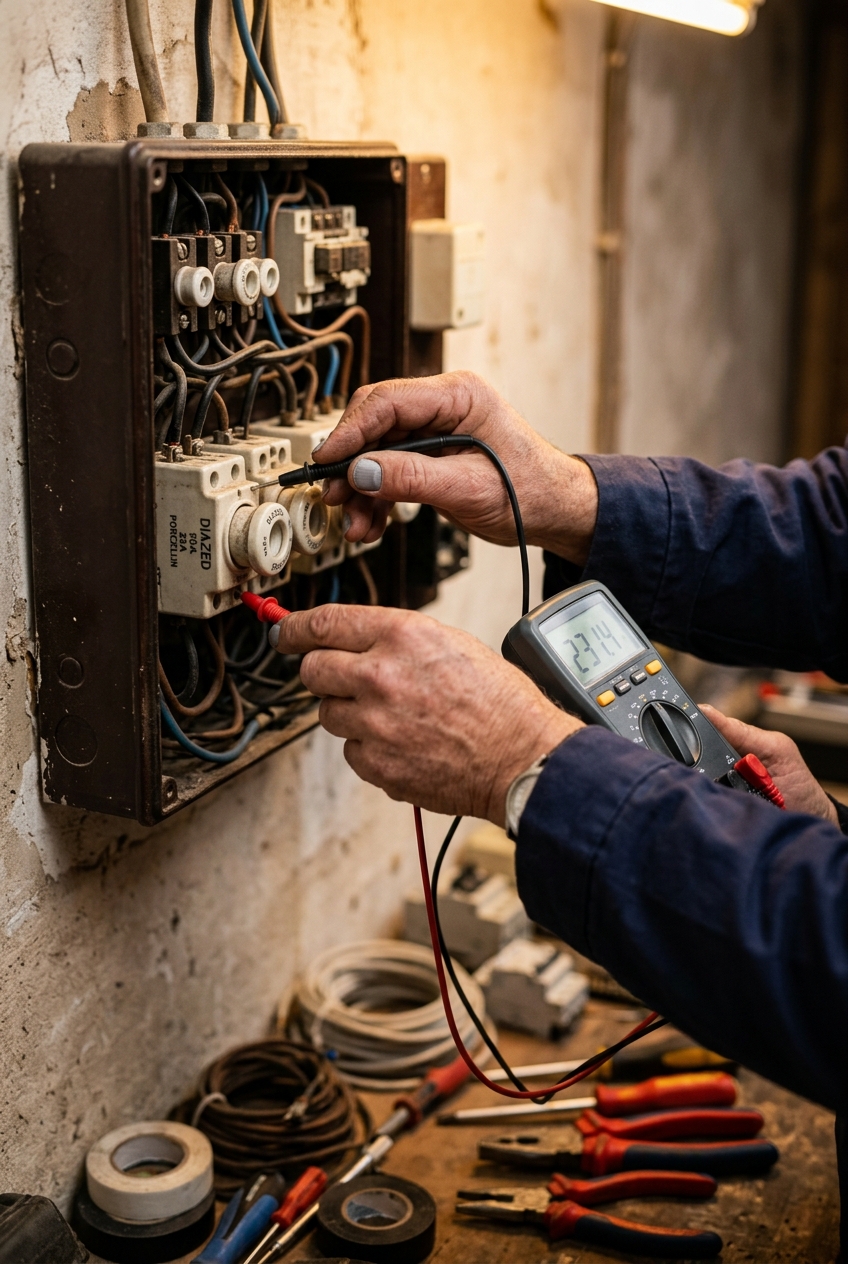 electricien-testant-un-tableau-electrique-7x5i Électricien testant un tableau électrique ancien avec un multimètre à Etterbeek