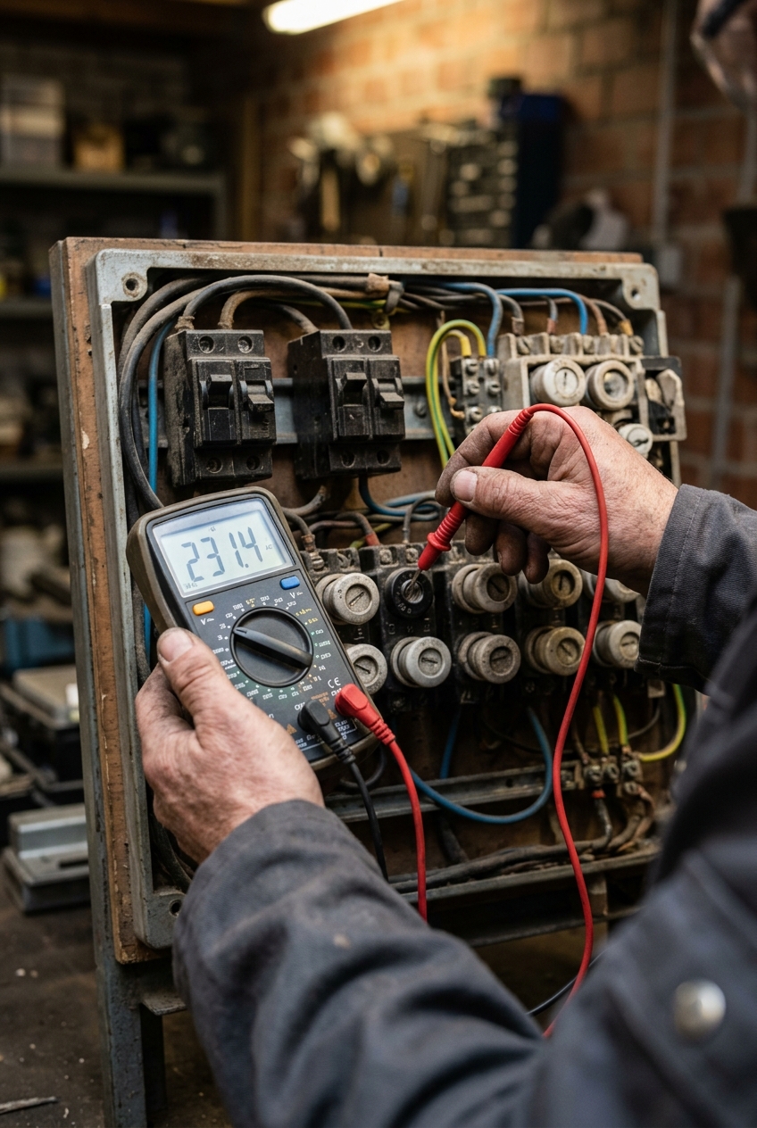 electricien-testant-un-tableau-electrique-h8mx Électricien testant un tableau électrique ancien avec un multimètre à Anderlecht