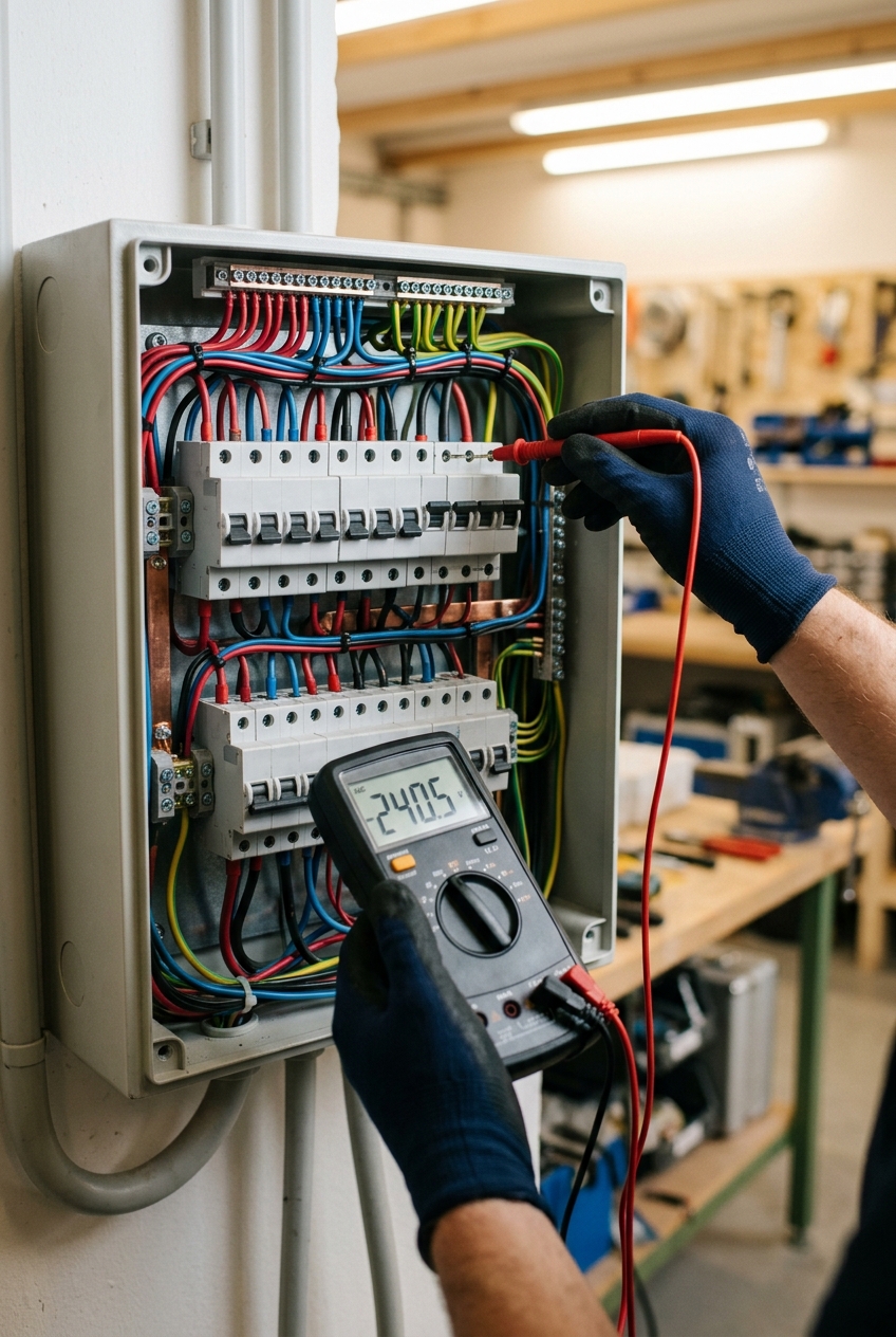 electricien-teste-un-tableau-electrique-avec-xvxn Électricien teste un tableau électrique avec multimètre à Auderghem