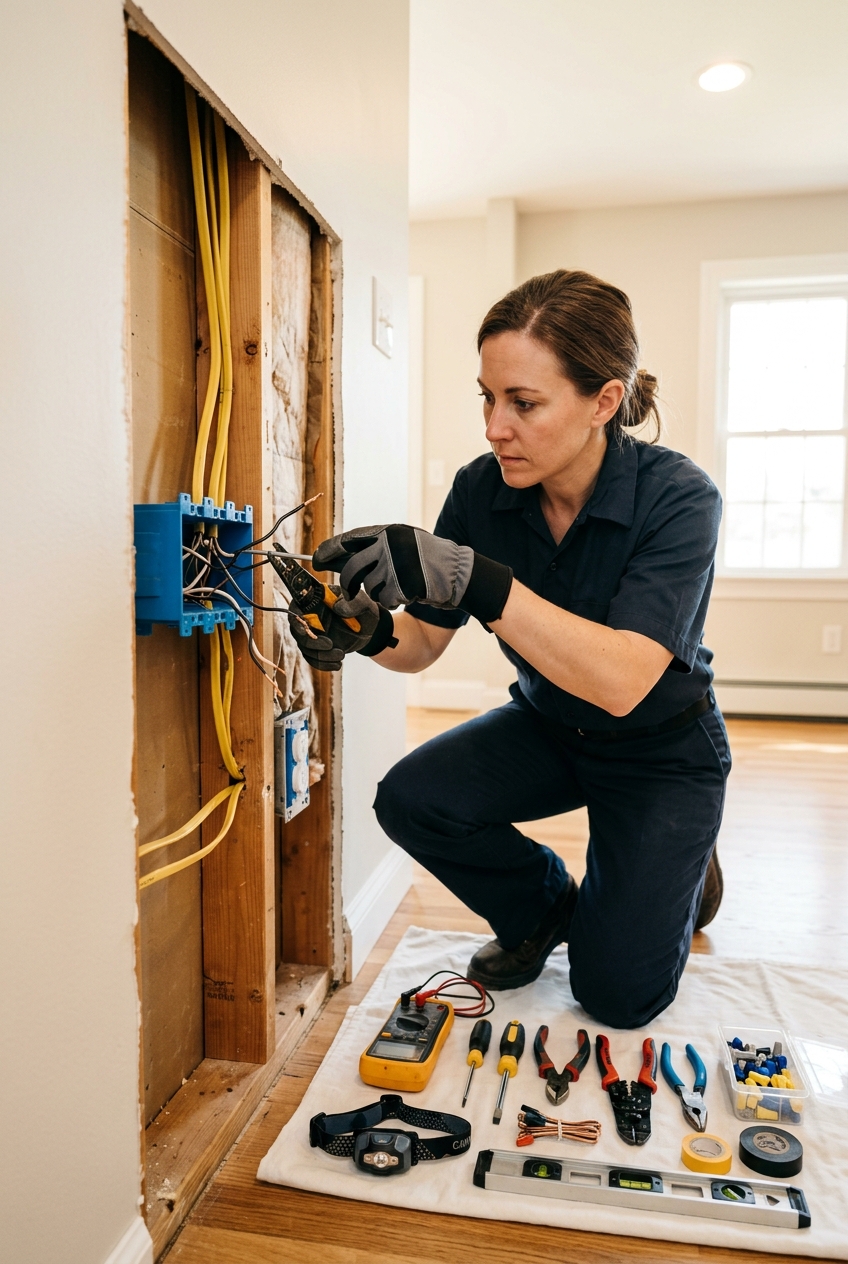 electricienne-professionnelle-reparant-un-0jay Électricienne professionnelle réparant un tableau électrique à Auderghem en urgence