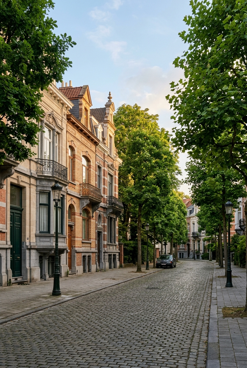 rue-pavee-residentielle-dauderghem-avec-owrl Rue pavée résidentielle d'Auderghem avec maisons Art Nouveau et arbres verdoyants