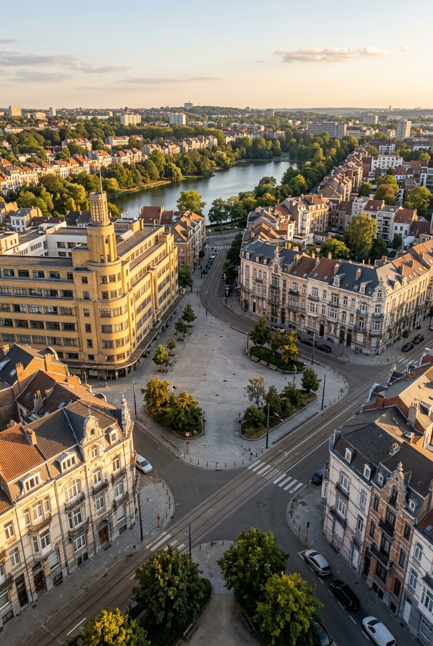vue-aerienne-de-la-place-flagey-et-des-qibt Vue aérienne de la place Flagey et des étangs d'Ixelles au coucher du soleil