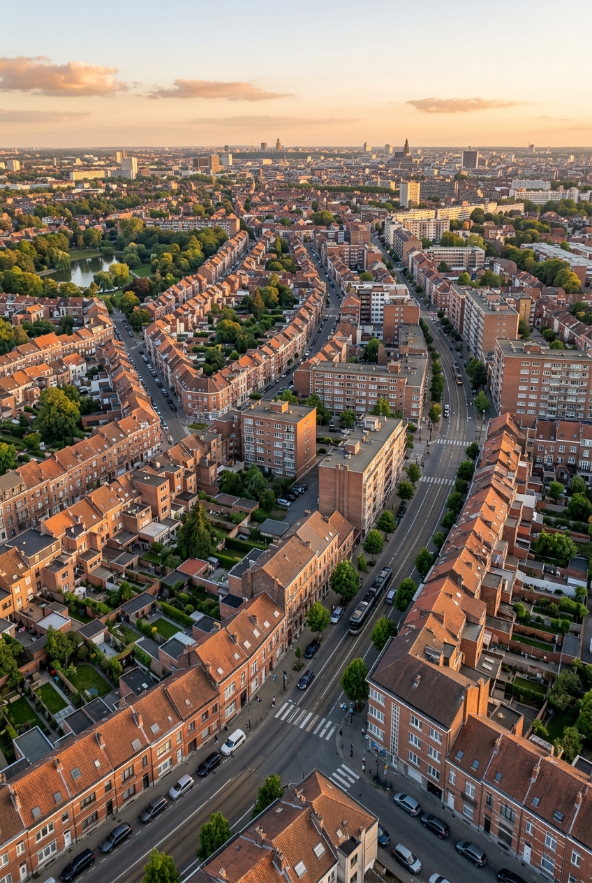 vue-aerienne-du-quartier-residentiel-bztj Vue aérienne du quartier résidentiel d'Anderlecht avec ses maisons en briques rouges au coucher du soleil