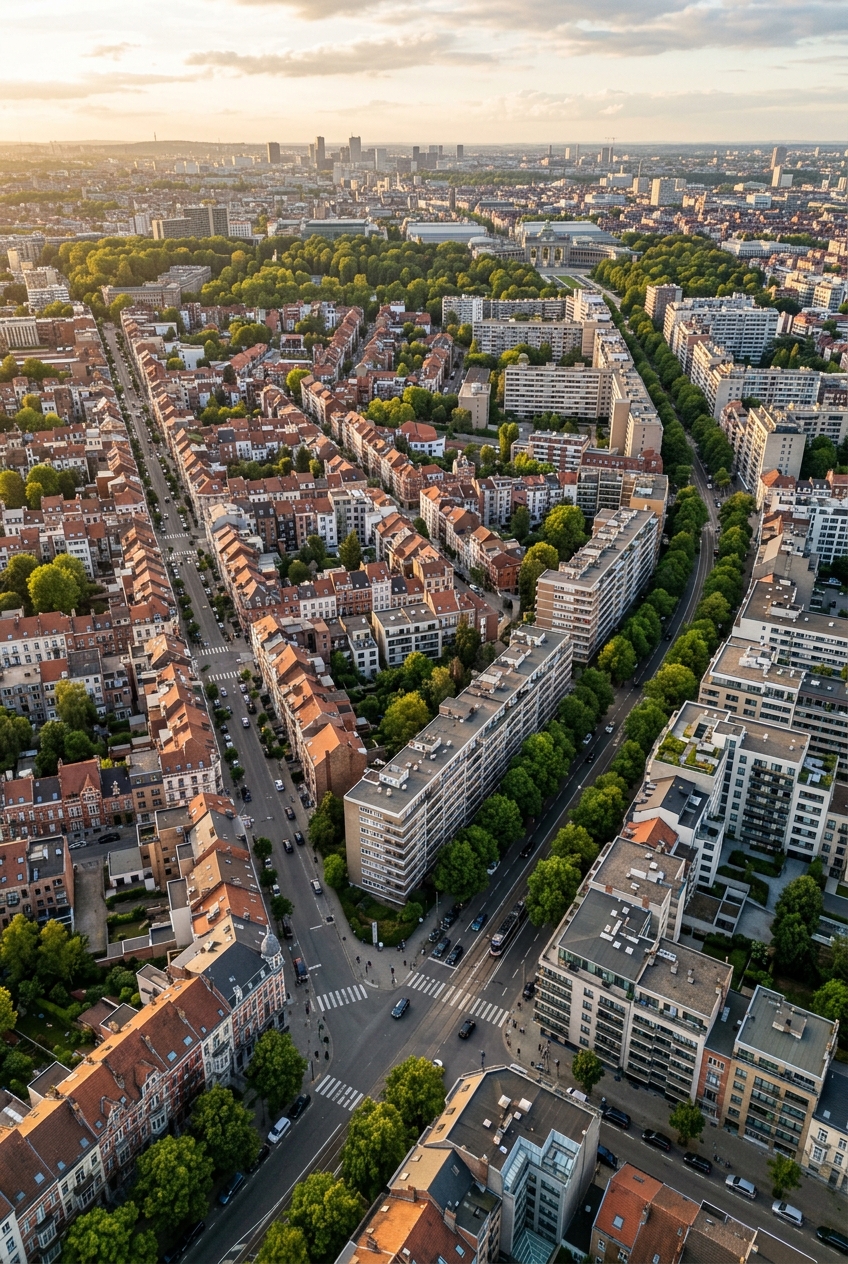 vue-aerienne-du-quartier-residentiel-mx74 Vue aérienne du quartier résidentiel d'Etterbeek à Bruxelles au coucher du soleil
