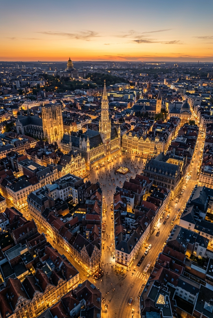 vue-aerienne-nocturne-de-la-grand-place-de-kvc1 Vue aérienne nocturne de la Grand-Place de Bruxelles-Ville illuminée au coucher du soleil