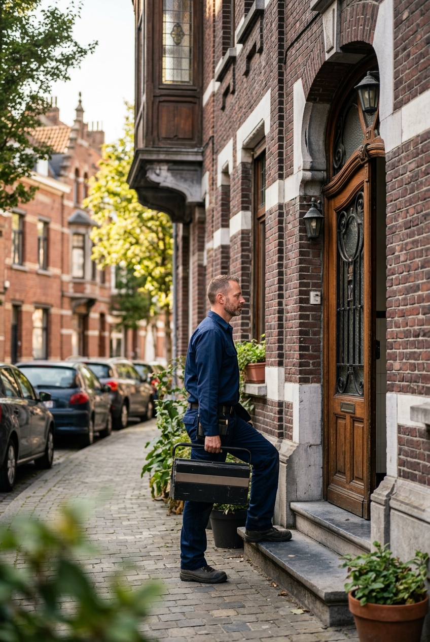 electricien-arrivant-pour-un-depannage-f5o2 Électricien arrivant pour un dépannage électricité en urgence à Schaerbeek avec sa boîte à outils.