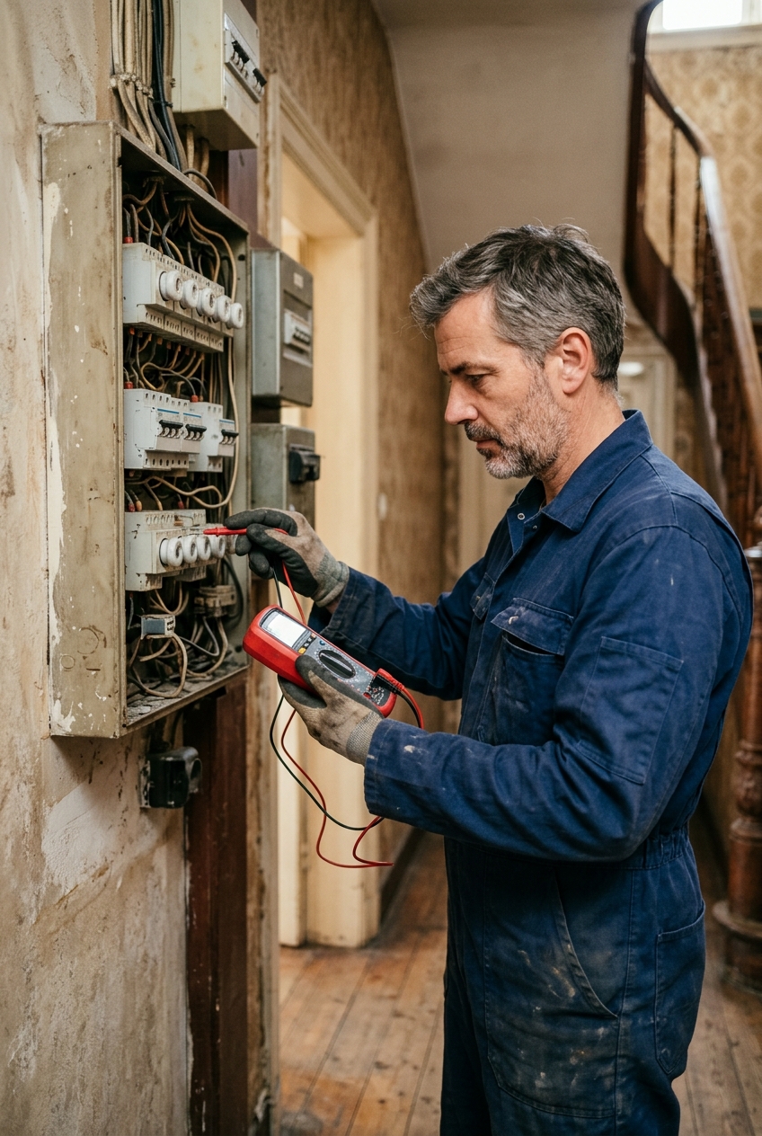 electricien-testant-un-compteur-lors-dun-k6ym Électricien testant un compteur lors d'un dépannage électricité en urgence à Saint