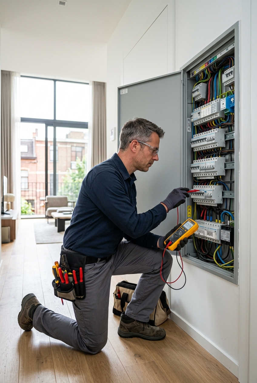 electricien-testant-un-tableau-lors-dun-gudn Électricien testant un tableau lors d'un dépannage électricité en urgence