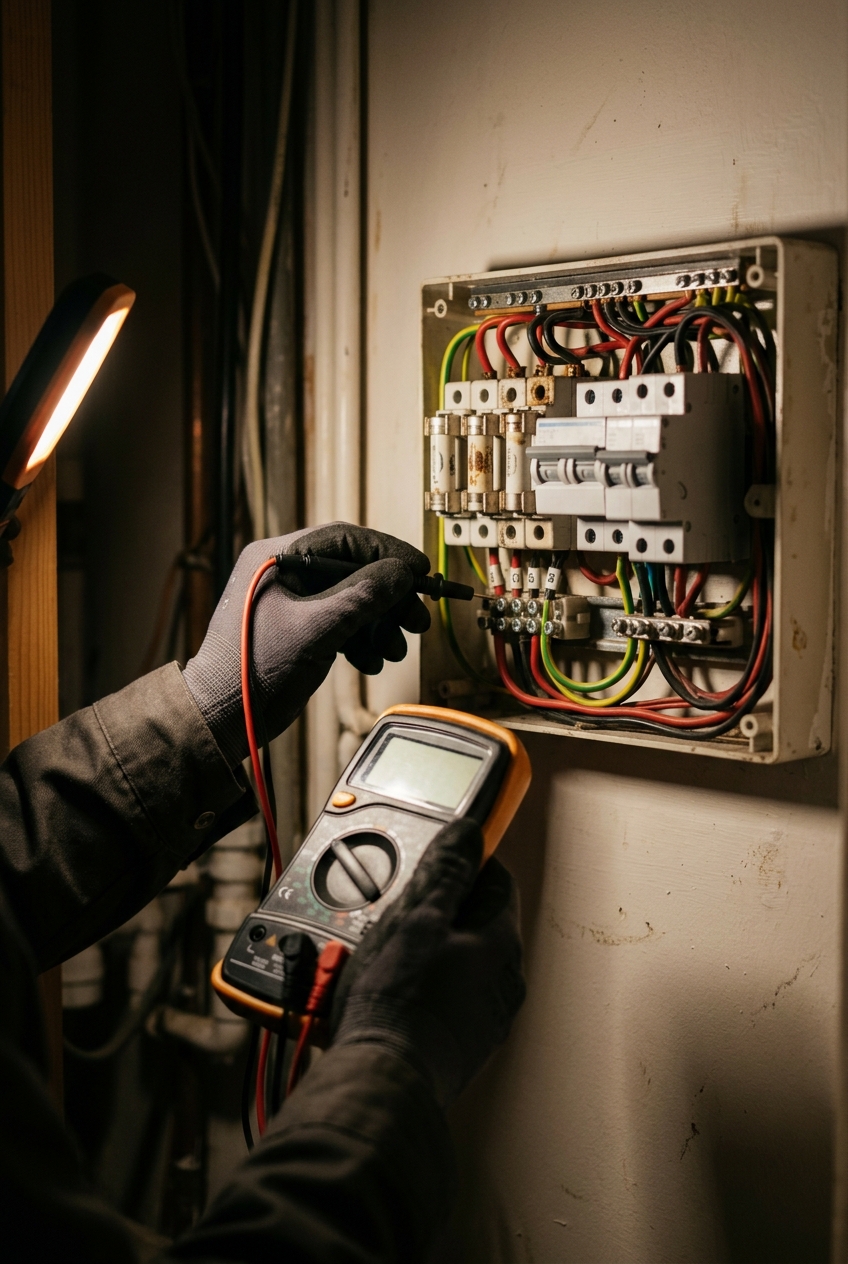 electricien-testant-un-tableau-lors-dun-ob6r Électricien testant un tableau lors d'un dépannage électricité en