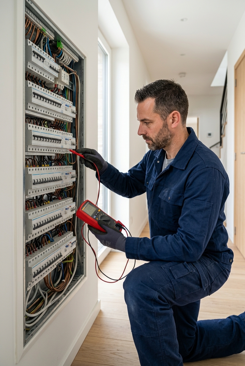 electricien-testant-un-tableau-lors-dun-t12f Électricien testant un tableau lors d'un dépannage électricité en urgence à Watermael-Boitsfort.