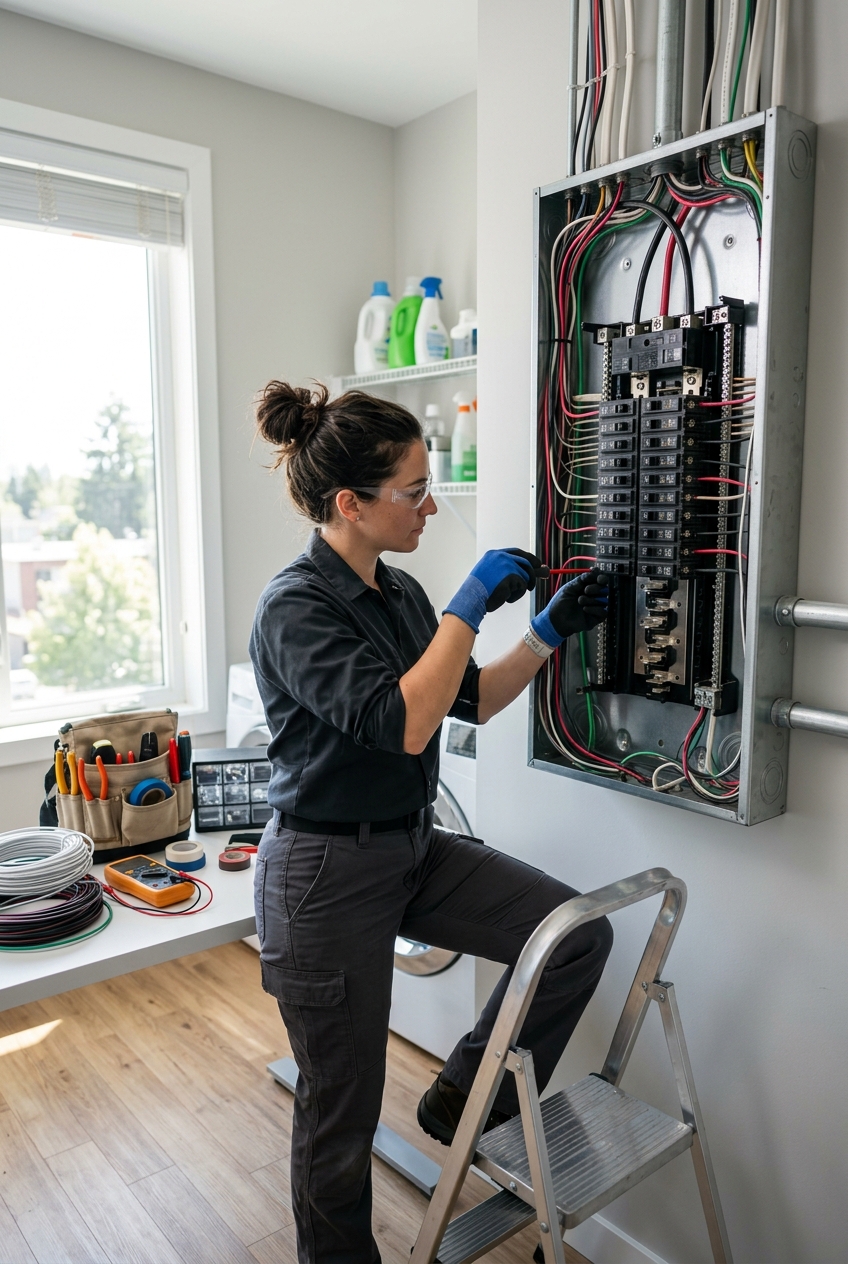 electricienne-reparant-un-tableau-lors-dun-l3oe Électricienne réparant un tableau lors d'un dépannage électricité en urg