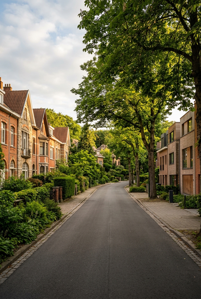 rue-residentielle-calme-et-verdoyante-avec-16e6 Rue résidentielle calme et verdoyante avec maisons en briques à Watermael