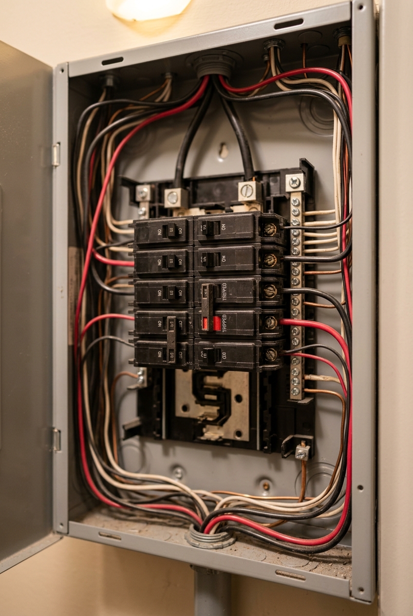 tableau-electrique-ouvert-montrant-les-dvr8 Tableau électrique ouvert montrant les disjoncteurs et le câblage, illustrant un Dépannage Électricité en Urgence à