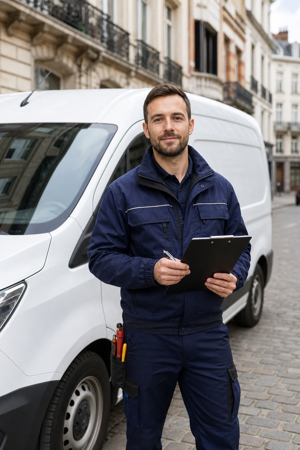 electricien-en-tenue-de-travail-devant-sa-4yz1 Électricien en tenue de travail devant sa camionnette, illustrant un job électricien bruxelles.