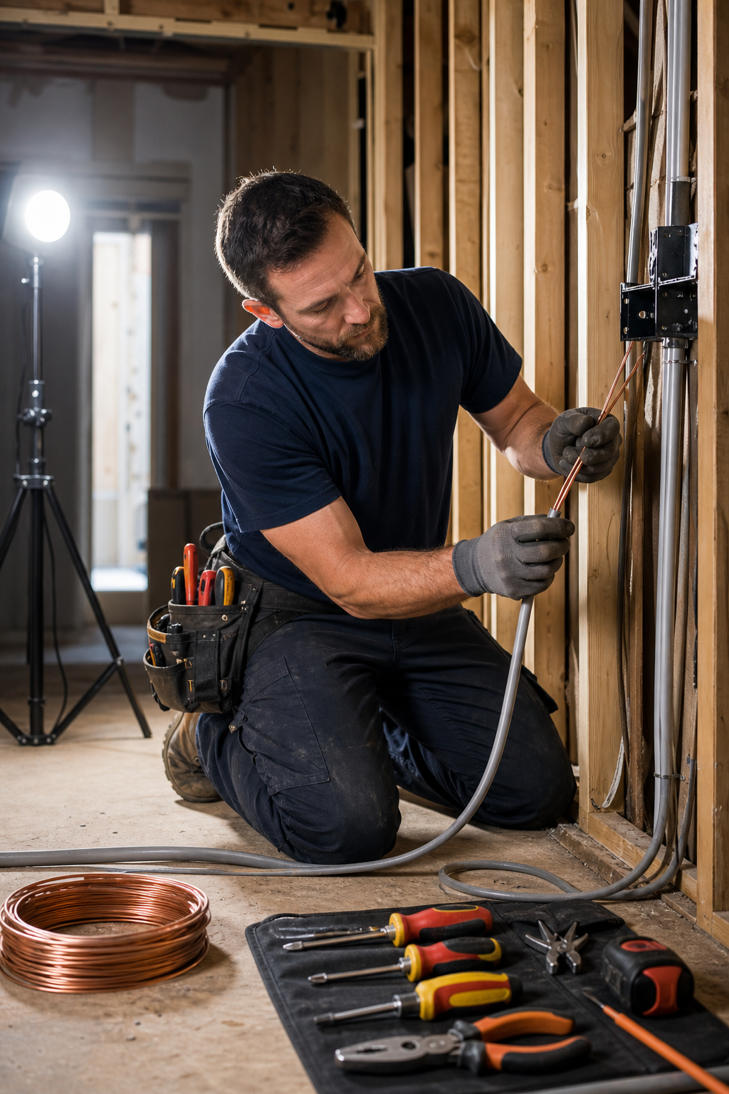 electricien-installant-des-cables-pour-arei-x5bc Électricien installant des câbles pour arei conform maken elektriciteit.