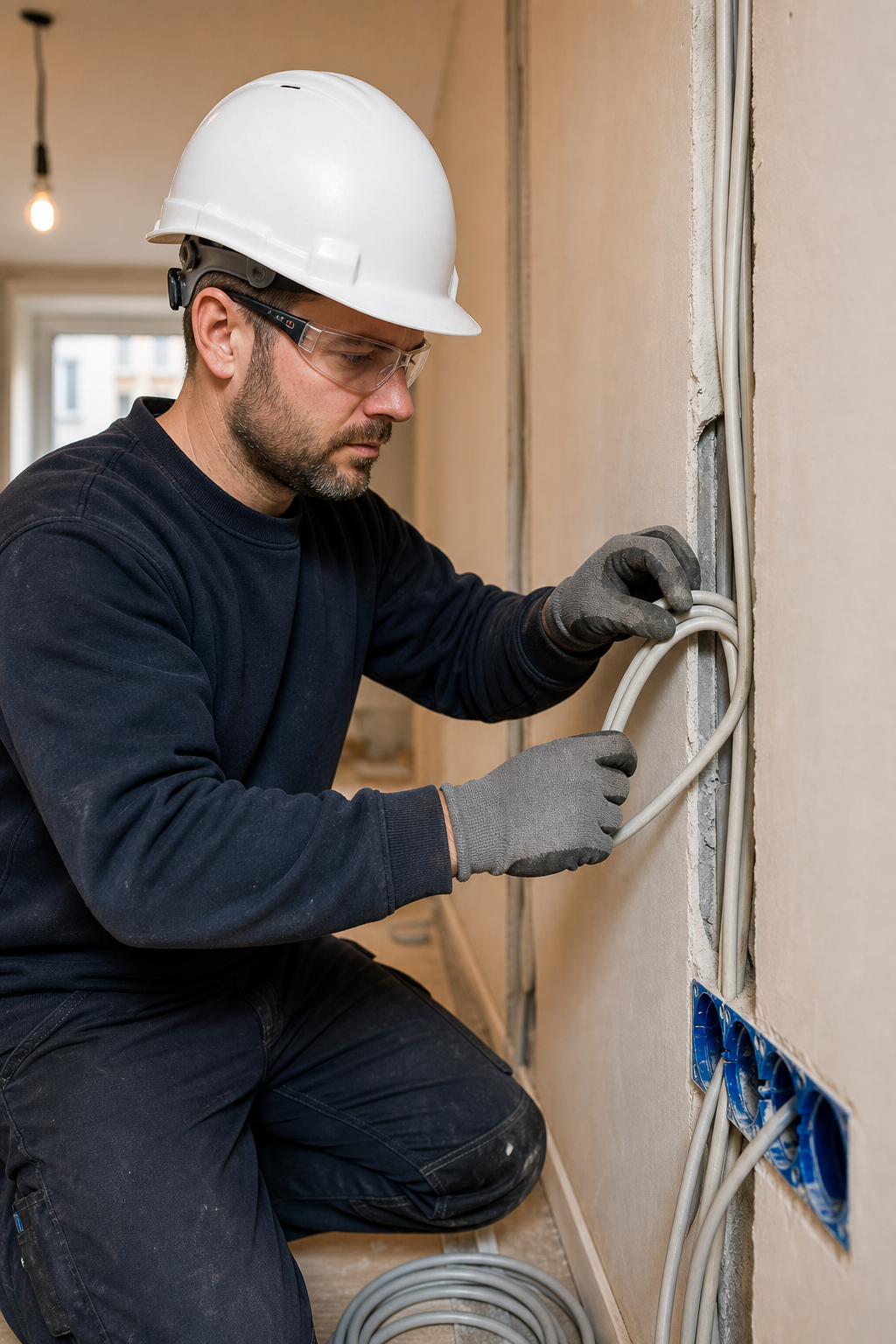electricien-realisant-des-travaux-rg9x Électricien réalisant des travaux d'électricité générale en Belgique.