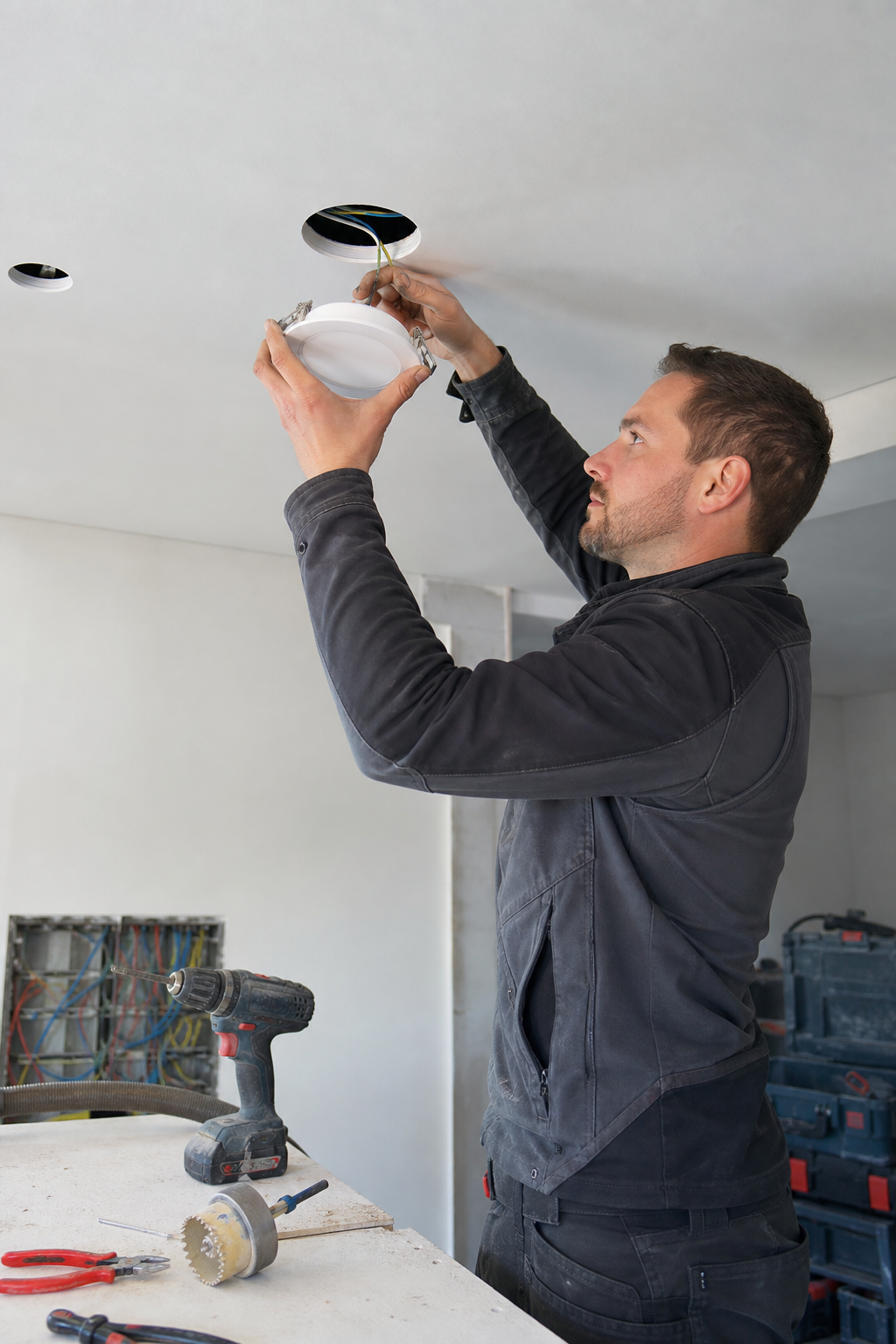 electricien-realisant-une-installation-d8tz Électricien réalisant une installation d'éclairage led intérieur au plafond.