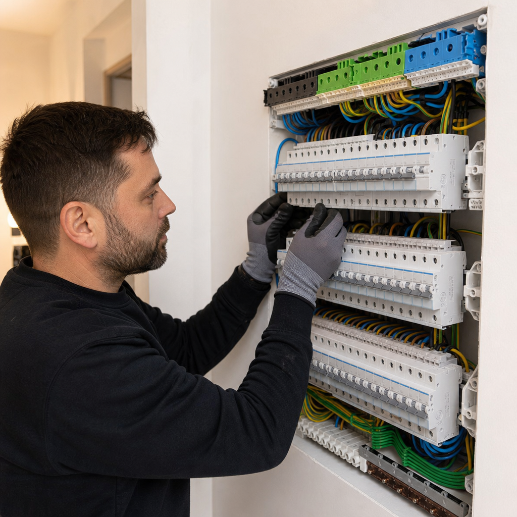 electricien-sur-un-tableau-lors-dune-ue2z Électricien sur un tableau lors d'une rénovation électrique appartement belgique.