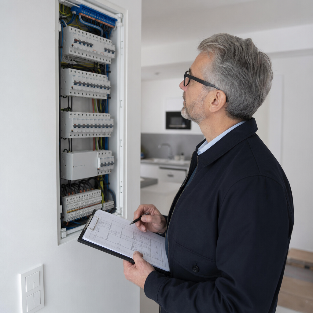 expert-verifiant-un-tableau-lors-dune-90tr Expert vérifiant un tableau lors d'une rénovation électrique appartement belgique.