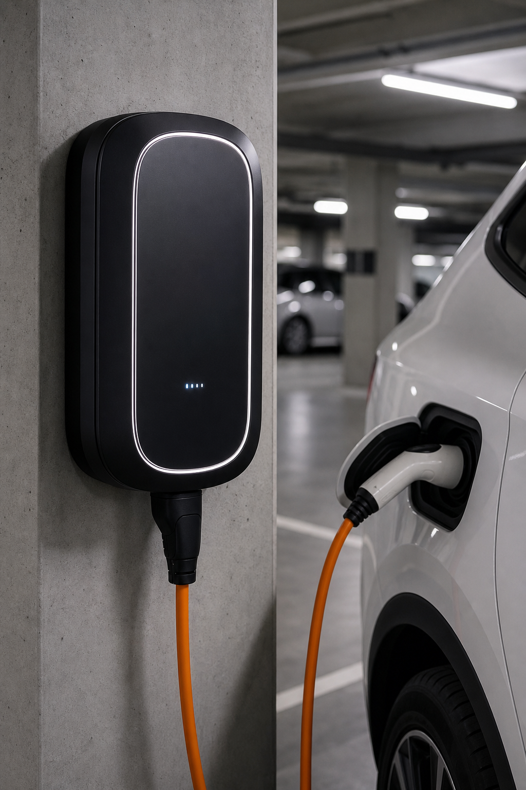 installation-dune-borne-de-recharge-pour-rw5w Installation d'une borne de recharge pour voiture électrique dans un parking.