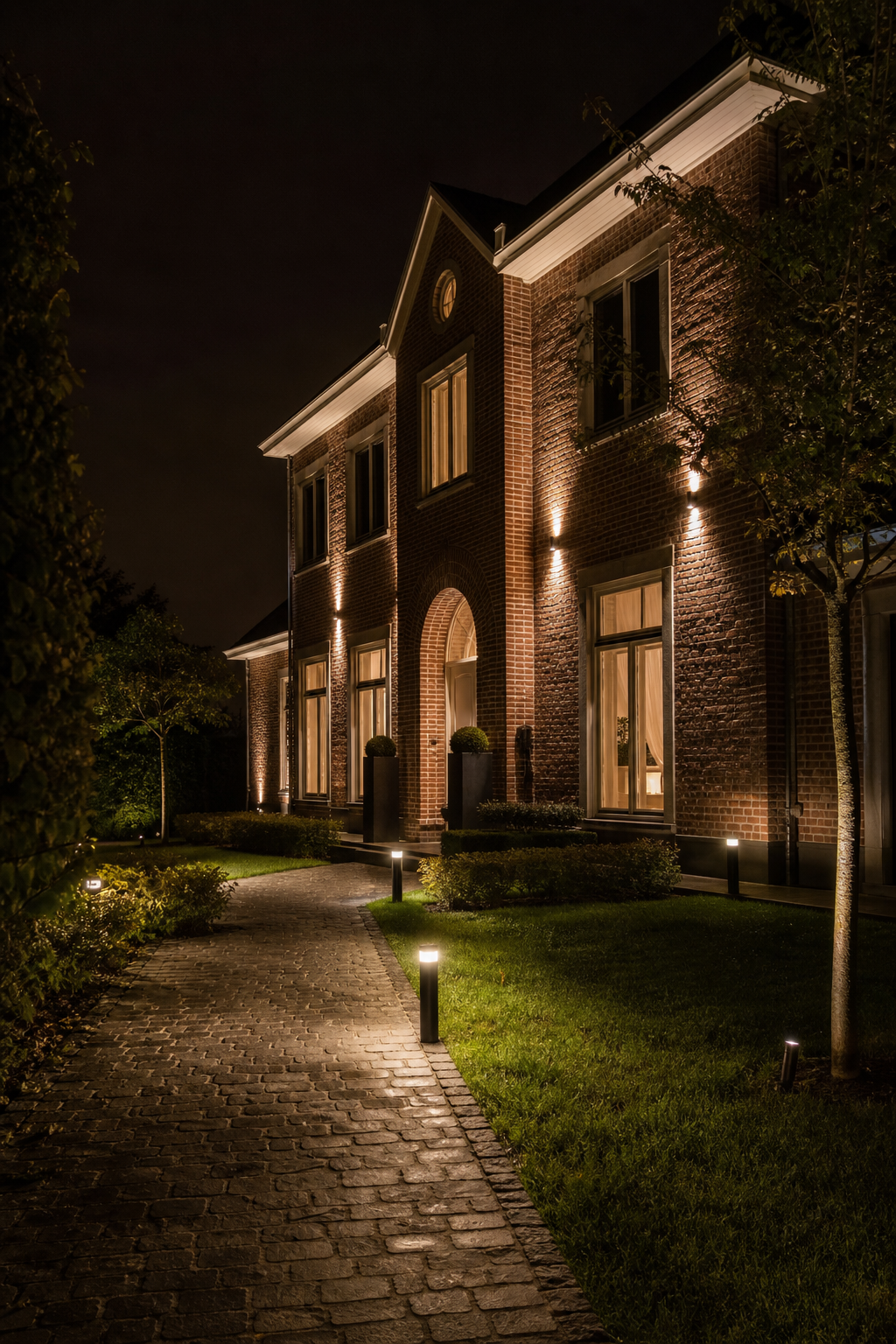maison-elegante-avec-installation-eclairage-38uw Maison élégante avec installation éclairage led extérieur sur la façade et le chemin.