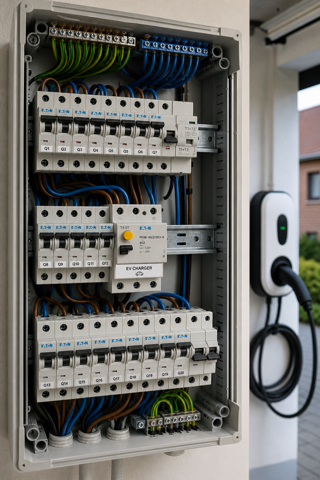 tableau-electrique-ouvert-pour-linstallation-agyk Tableau électrique ouvert pour l'installation d'une borne de recharge de voiture électrique en Belgique, avec une borne