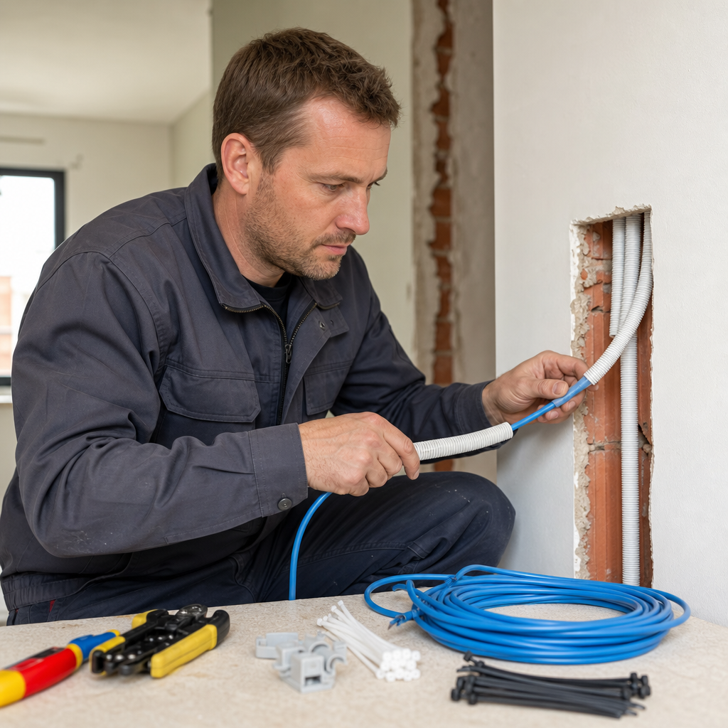 technicien-tirant-un-cable-pour-une-zvnj Technicien tirant un câble pour une installation vidéophone connecté en Belgique.