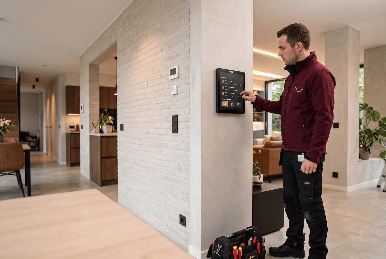 installation-niko-home-control-domotique-electroconform Électricien certifié Electro Conform installant un écran Niko Home Control pour domotique en Belgique