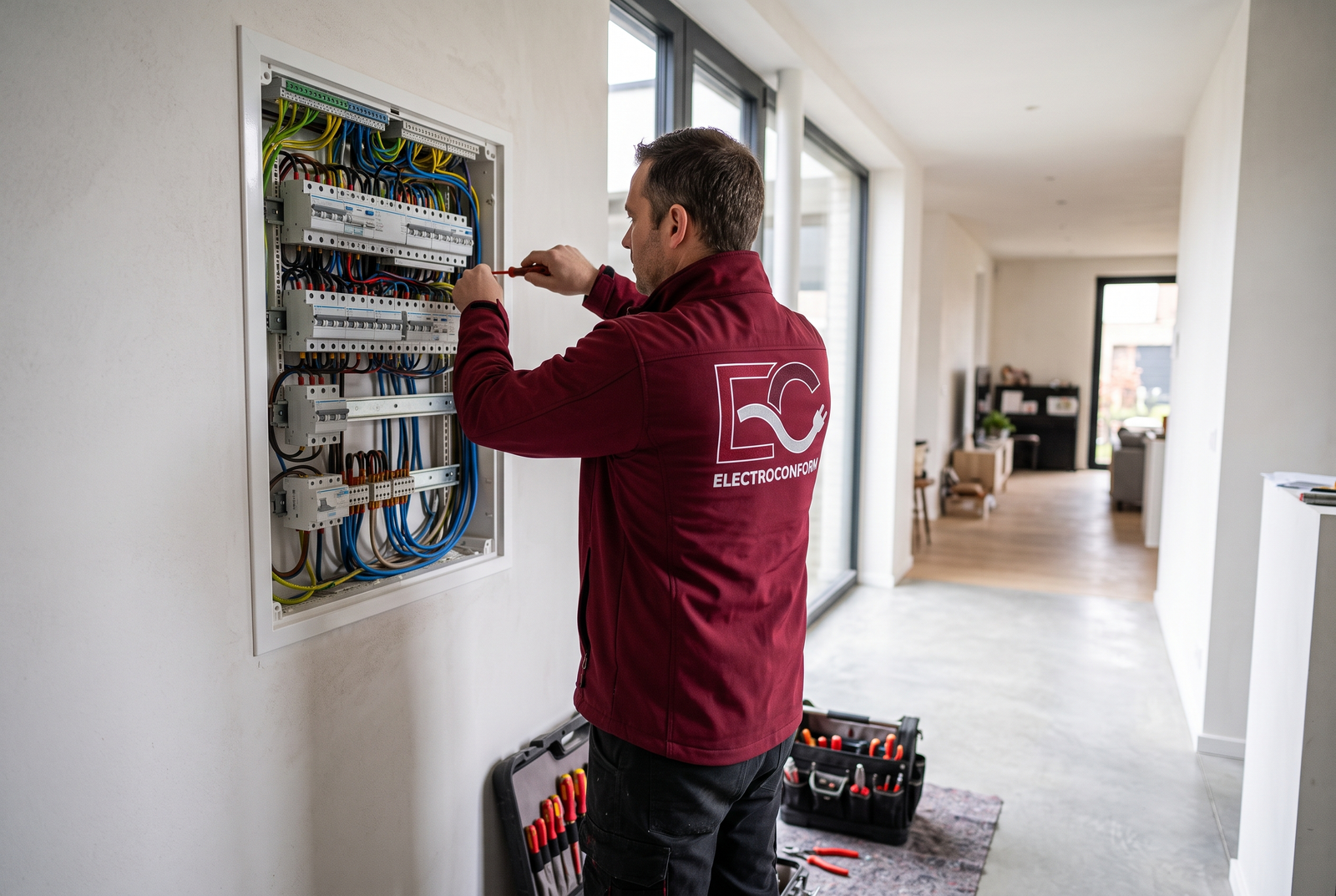 Électricien certifié Electro Conform en veste bordeaux travaillant sur un tableau électrique à hauteur réglementaire