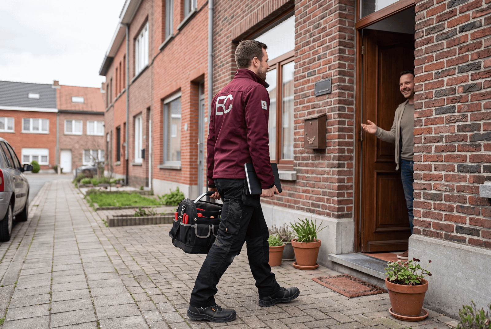 Électricien certifié Electro Conform en veste bordeaux se déplaçant au domicile d'un client à Bruxelles, en Wallonie et en Flandre