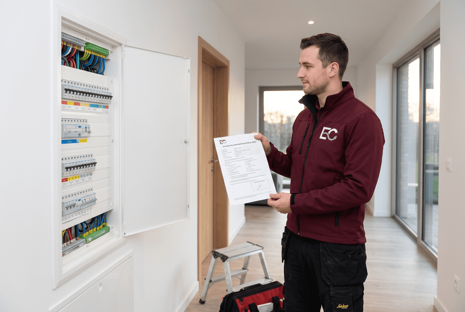 Électricien agréé Electro Conform validant un tableau à hauteur conforme et remettant le certificat RGIE en Belgique